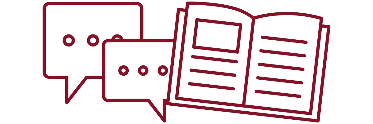 garnet iconography with speech bubbles and open book