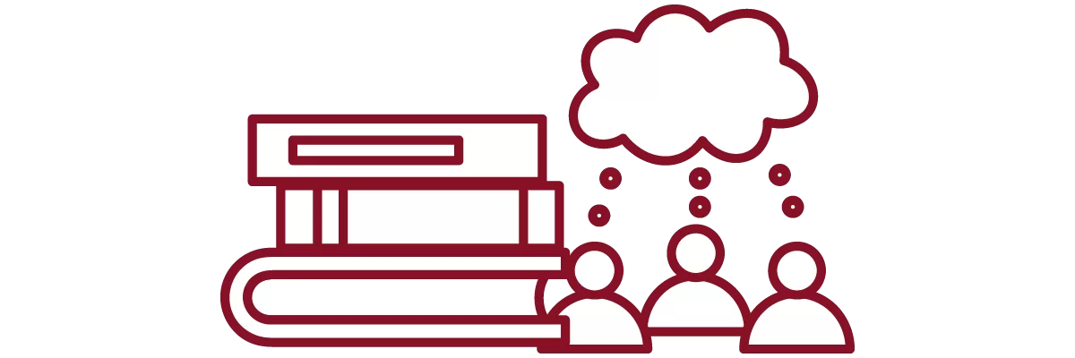 garnet iconography with stack of books, and people with chat bubbles