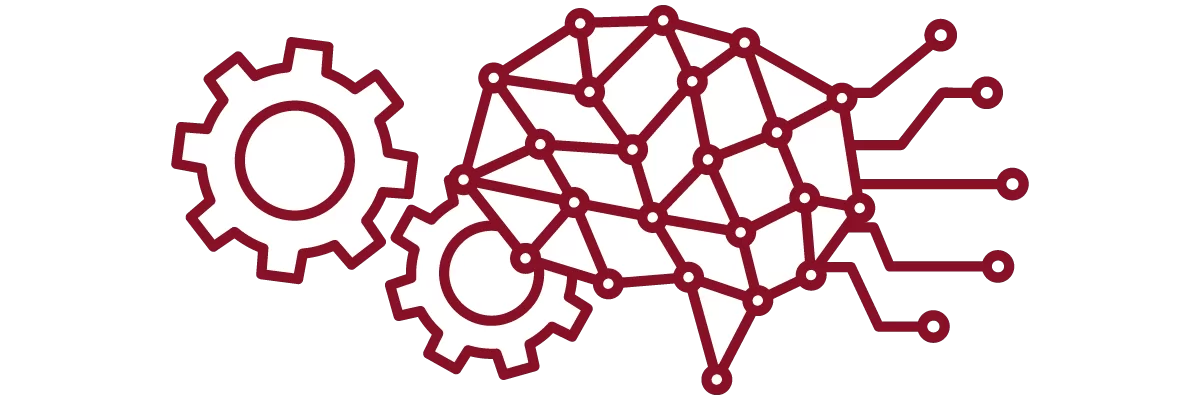 garnet iconography with interlocking gears, brain, and circuit pathways