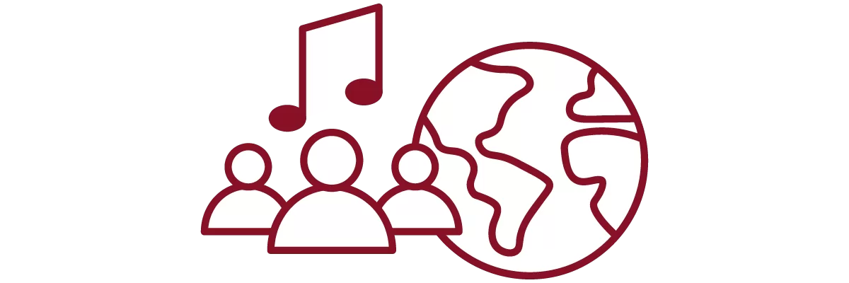 garnet iconography with music notes, people, and globe