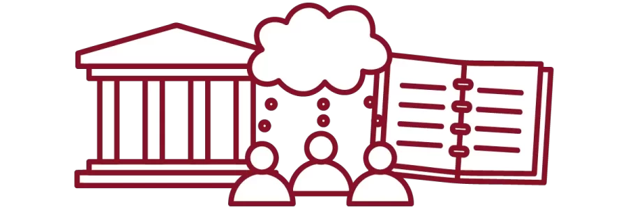 garnet iconography with academic building, people with speech bubble, and open notebook
