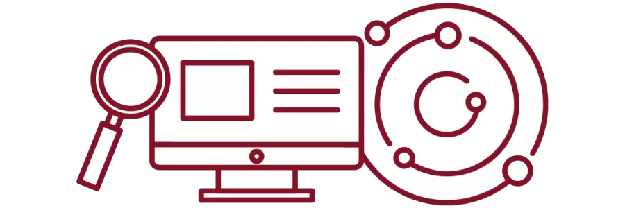 garnet iconography with magnifying glass, desktop computer, and circles
