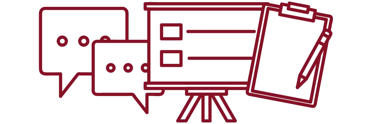 garnet iconography with chat bubbles, presentation slides, and clipboard with pen