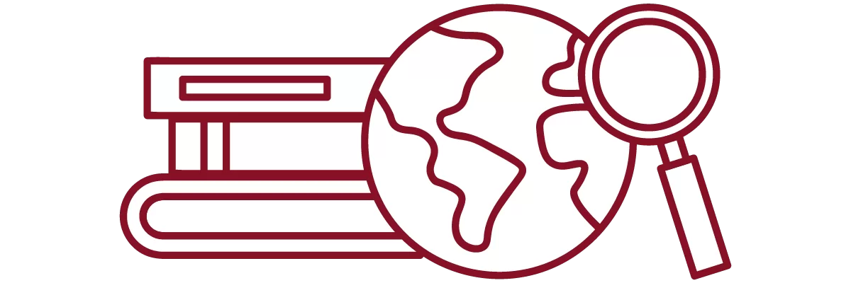 garnet iconography with stack of books, globe, and magnifying glass