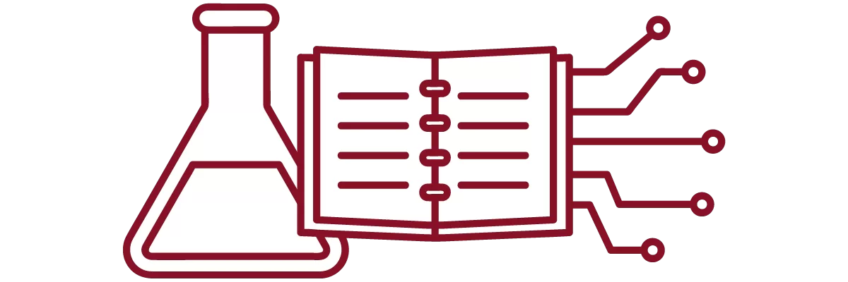 garnet iconography with beaker, open notebook, and circuit