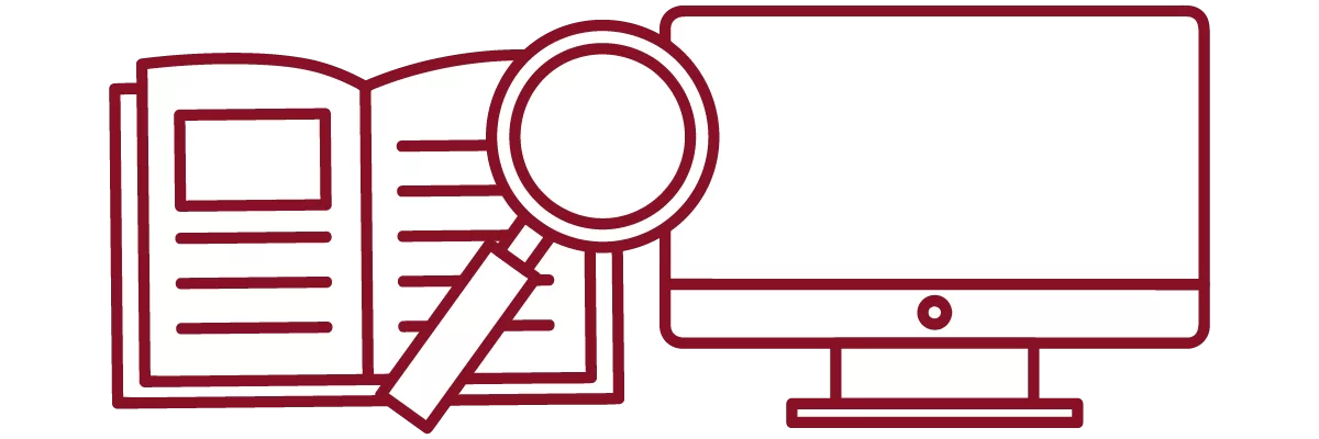 garnet iconography with open book, magnifying glass, and desktop computer