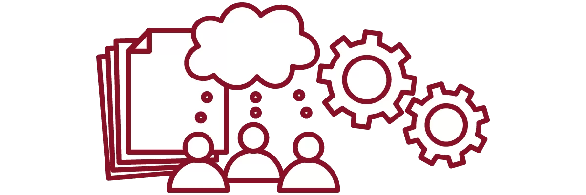 garnet iconography with stack of papers, people with chat bubble, and interlocking gears