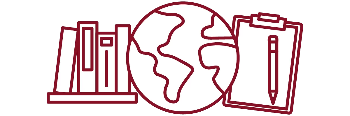 garnet iconography with books on a shelf, globe, and clipboard with pencil