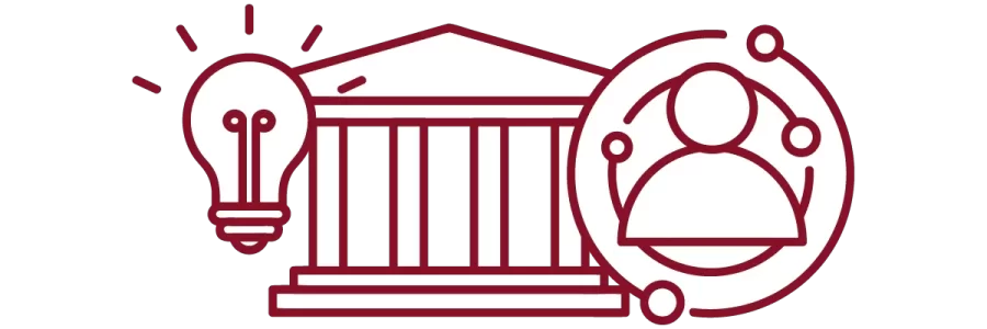 garnet iconography with lightbulb, academic building, and person
