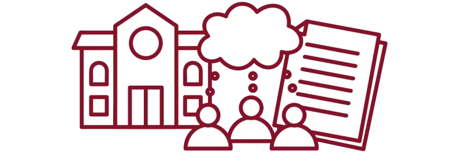garnet iconography with academic building, people with speech bubble, and stack of papers