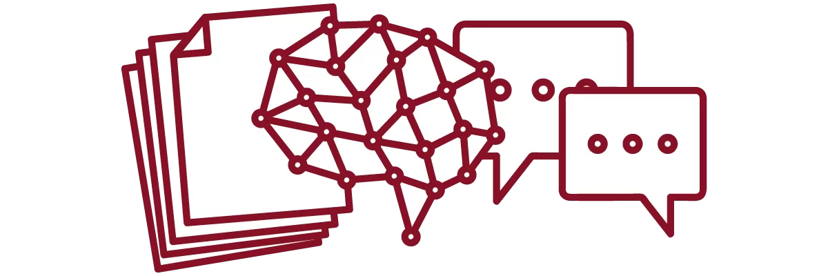 garnet iconography with stack of papers, brain, and speech bubbles