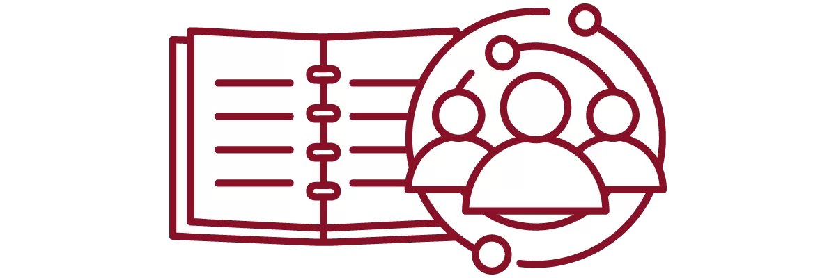 garnet iconography with open notebook and people