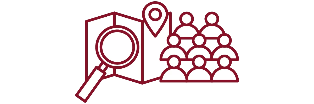 garnet iconography with magnifying glass, people, and trifold map with marker