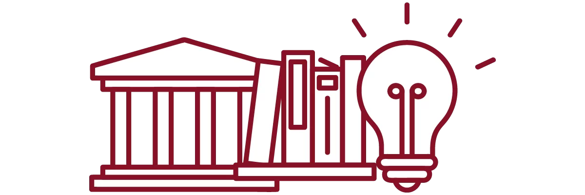 garnet iconography with academic building, books on a shelf, and lightbulb