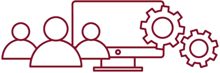 garnet iconography with people, computer, and interlocking gears