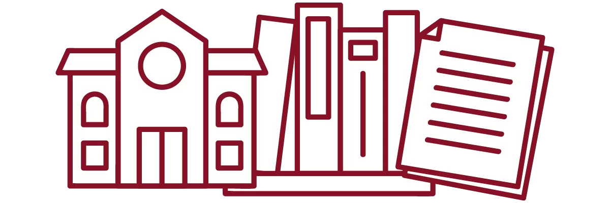 garnet iconography with academic building, books on a shelf, and stack of papers