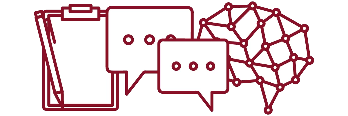 garnet iconography with clipboard, pen, speech bubbles, and brain