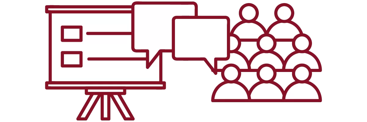 garnet iconography with presentation slide, speech bubbles, and people