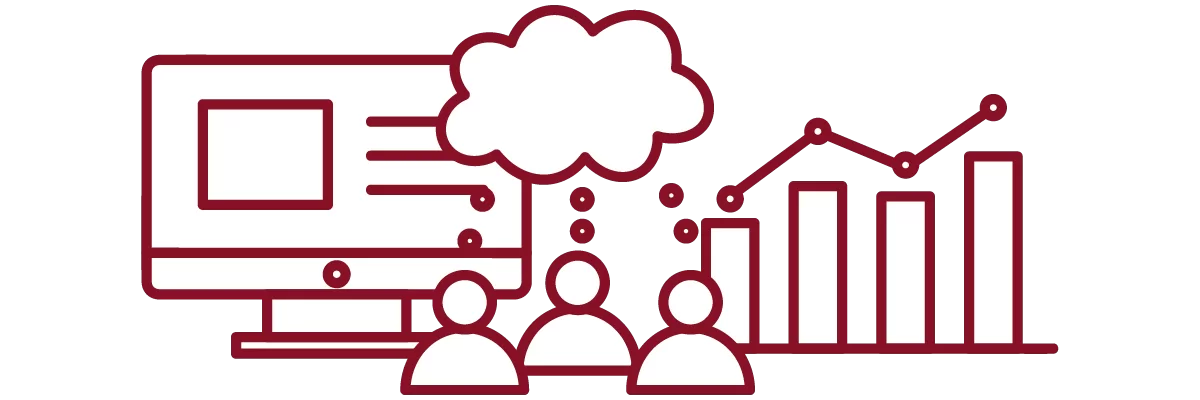 garnet iconography with computer, people with speech bubble, and bar graph