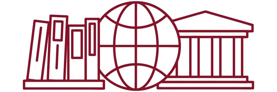 garnet iconography with books on a shelf, globe, and academic building