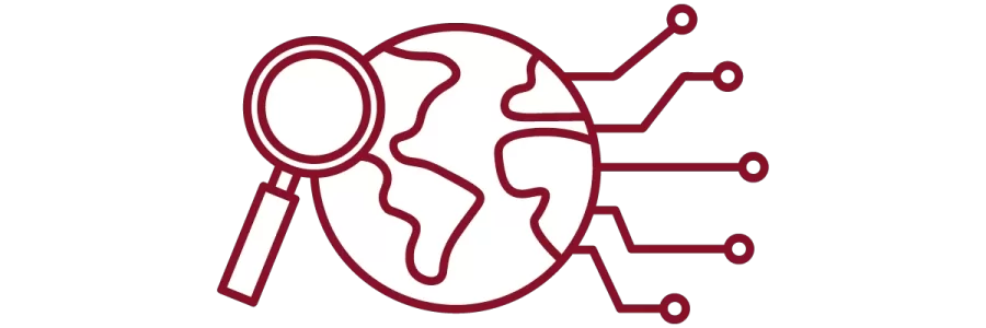 garnet iconography with magnifying glass, globe, and network