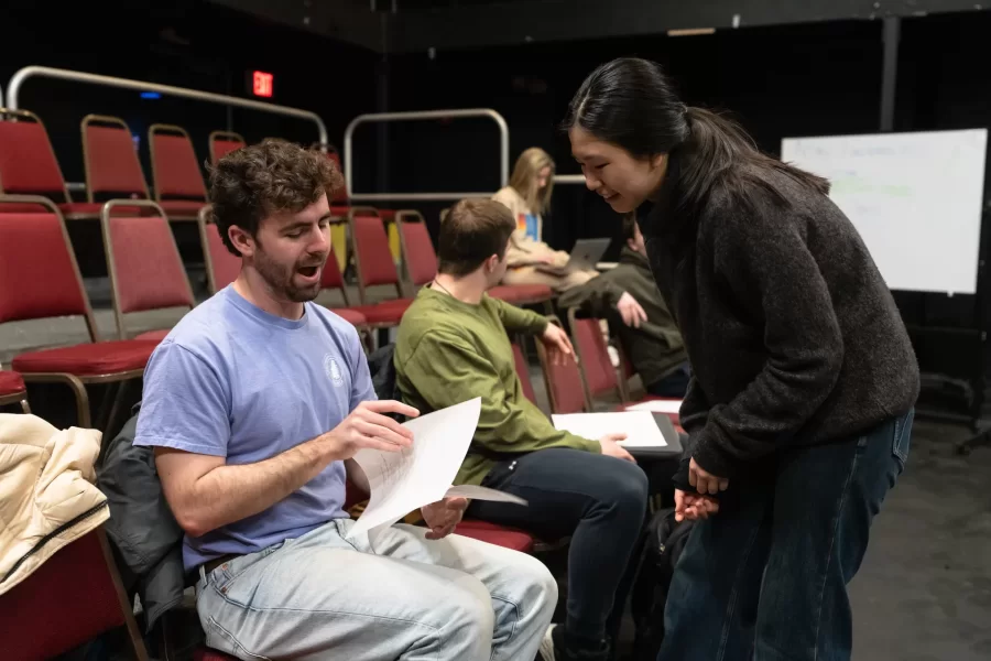 Lewiston, ME, United States  -- Students chat before an Acting and the Camera class taught by Professor Tim Dugan in Pettigrew 103 at Bates College in Lewiston, ME on Tuesday, March 24, 2026. (Photo by Yoon S. Byun) © 2026 Strewn Wonder, LLC