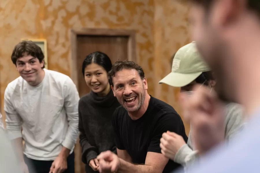 Lewiston, ME, United States  -- Students go through warm up exercises at the beginning of an Acting and the Camera class taught by Professor Tim Dugan, center in black, in Pettigrew 103 at Bates College in Lewiston, ME on Tuesday, March 24, 2026. (Photo by Yoon S. Byun) © 2026 Strewn Wonder, LLC