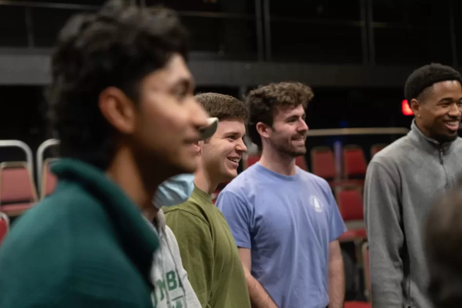 Lewiston, ME, United States  -- Students go through warm up exercises at the beginning of an Acting and the Camera class taught by Professor Tim Dugan in Pettigrew 103 at Bates College in Lewiston, ME on Tuesday, March 24, 2026. (Photo by Yoon S. Byun) © 2026 Strewn Wonder, LLC