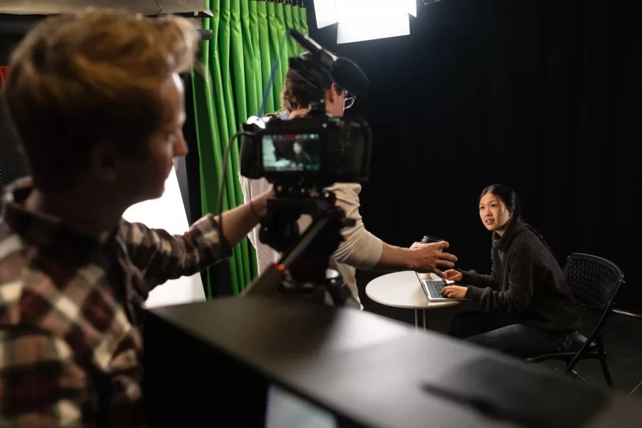 Lewiston, ME, United States  -- Two students are filmed for an over-the-shoulder scene by the Digital Media Studios staff during an Acting and the Camera class taught by Professor Tim Dugan in Pettigrew at Bates College in Lewiston, ME on Tuesday, March 24, 2026. (Photo by Yoon S. Byun) © 2026 Strewn Wonder, LLC