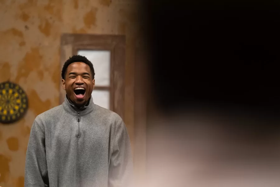Lewiston, ME, United States  -- A student goes through warm up exercises at the beginning of an Acting and the Camera class taught by Professor Tim Dugan in Pettigrew 103 at Bates College in Lewiston, ME on Tuesday, March 24, 2026. (Photo by Yoon S. Byun) © 2026 Strewn Wonder, LLC