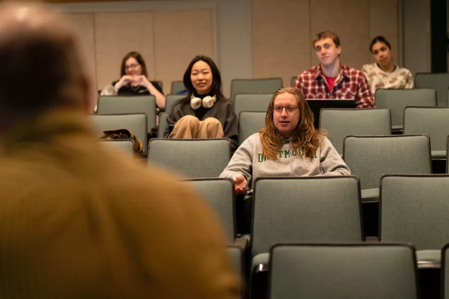 Lewiston, ME, United States  -- A student talks about plans for the upcoming film festival at the beginning of his Film Festival Studies taught by Professor Jonathan J. Cavallero in Olin Arts Center 105 at Bates College in Lewiston, ME on Wednesday, March 25, 2026. Students discussed showing a film by a Bates alum and issues with copyright. (Photo by Yoon S. Byun) © 2026 Strewn Wonder, LLC