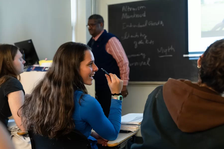 Professor talks to class about the movie “Moonlight” during a Reimagining Africana class in Pettigrew Hall.