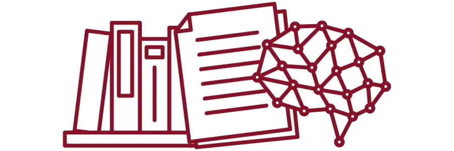 garnet iconography with books on a shelf, stack of papers, and brain