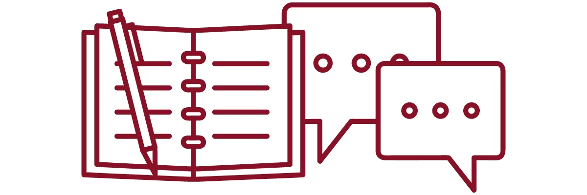 garnet iconography with open notebook, pen, and speech bubbles