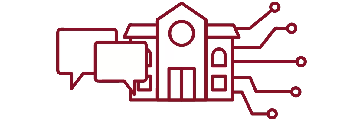 garnet iconography with speech bubbles, academic building, and network pathways