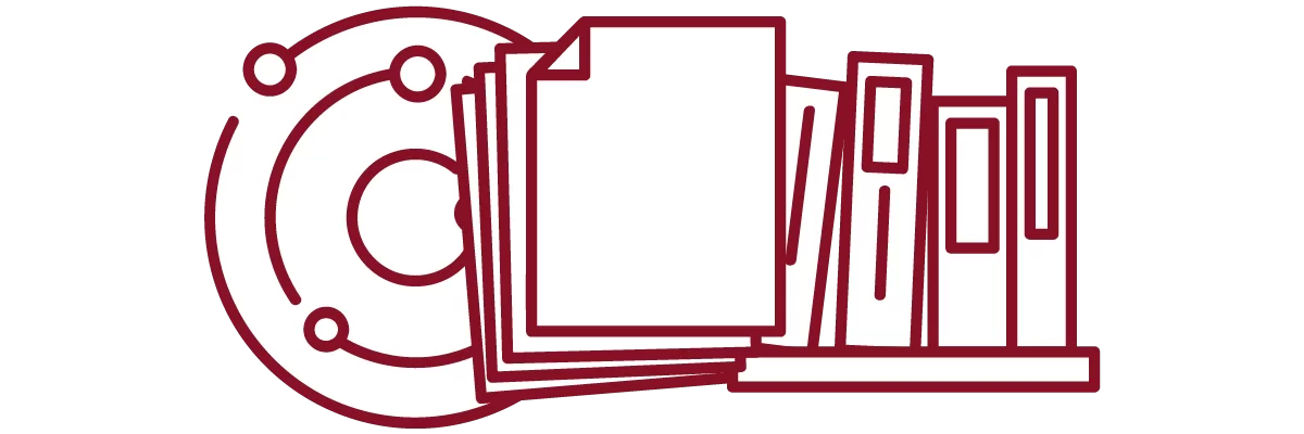 garnet iconography with concentric circles, stack of paper, and books on a shelf