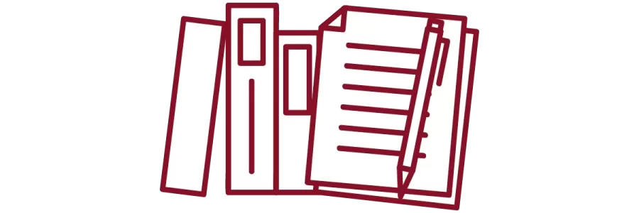 garnet iconography with books, stack of paper, and pen