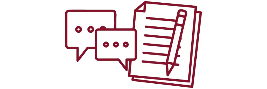 garnet iconography with speech bubbles, stack of paper, and pencil