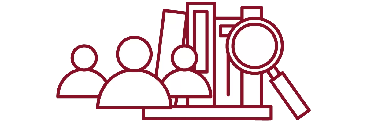 garnet iconography with people, books on a shelf, and magnifying glass