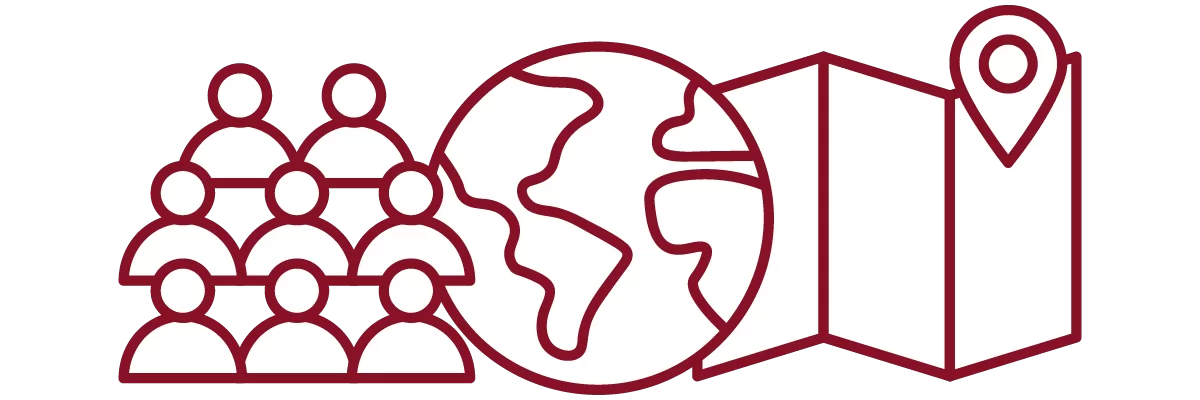 garnet iconography with people, globe, and trifold map with marker