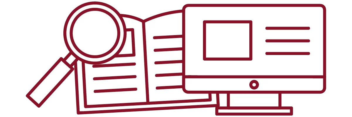 garnet iconography with magnifying glass, open book, and computer