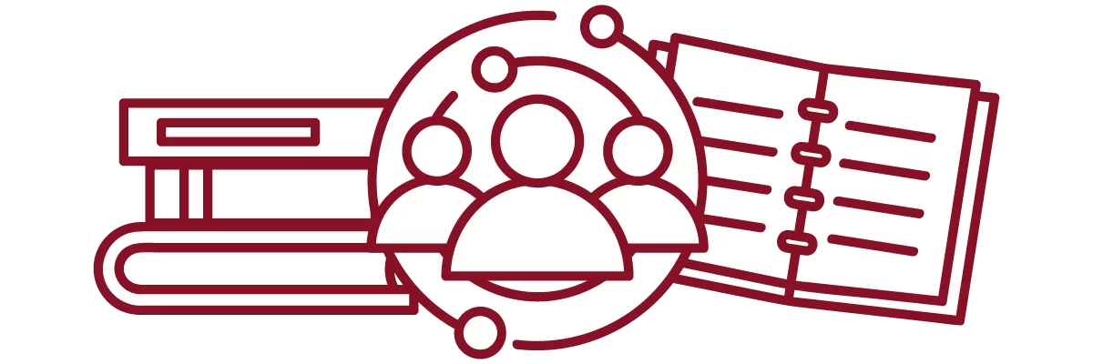 garnet iconography with stack of books, concentric circles, person, and open notebook