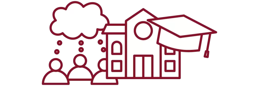 garnet iconography with people, speech bubble, academic building, and graduation cap