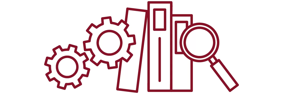 garnet iconography with interlocking gears, books, and magnifying glass