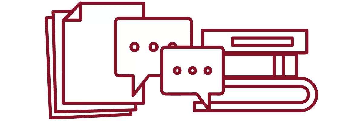 garnet iconography with stack of papers, stack of books, and speech bubbles