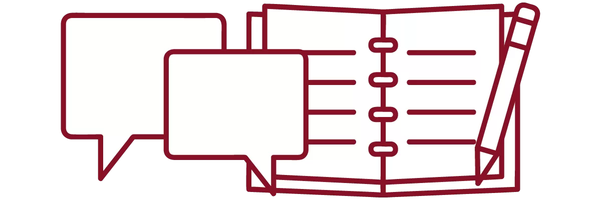 garnet iconography with speech bubbles, notebook, and pencil