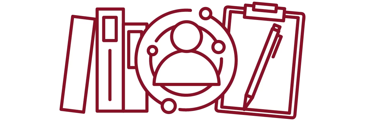 garnet iconography with books, concentric circles, person, and clipboard with pen