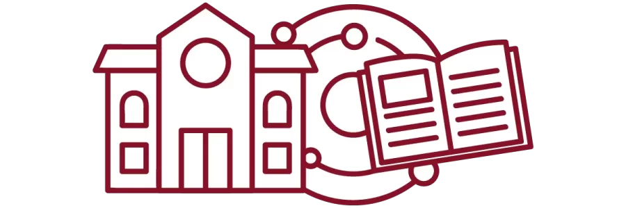 garnet iconography with academic building, concentric circles, and open book