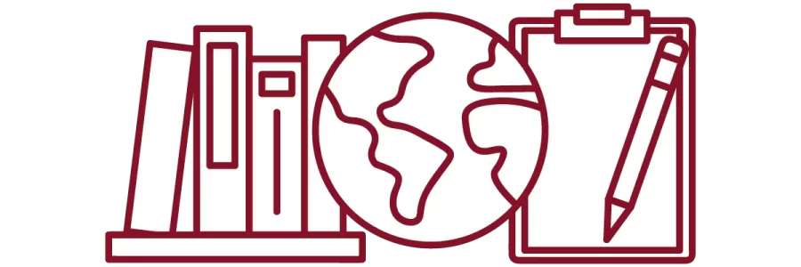 garnet iconography with books on a shelf, globe, and clipboard with pencil