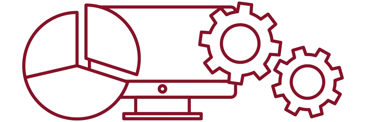 garnet iconography with pie graph, computer, and interlocking gears